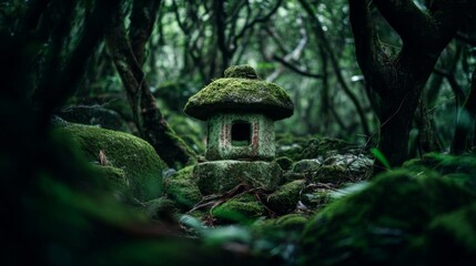 Serene Stone Lantern Surrounded by Lush Greenery in a Mystical Forest Setting