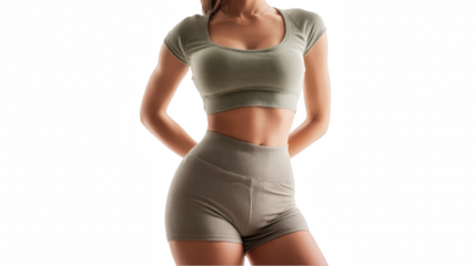 Hispanic woman is posing, showing her fit body while wearing a sport outfit on a transparent background, perfect for fitness and fashion projects