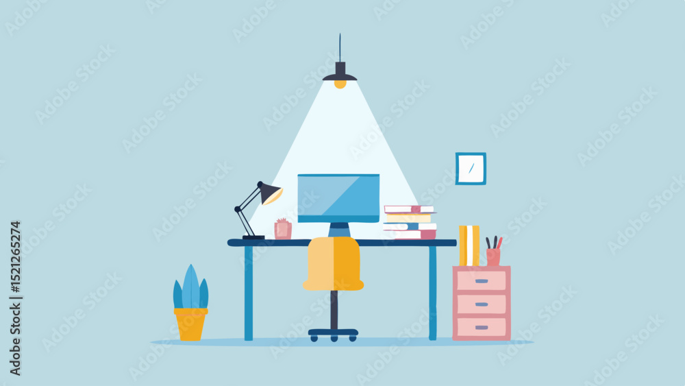 Poster illustration of a desk setup with a computer lamp books and drawers under a bright overhead light