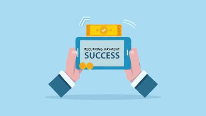 Person holding a mobile phone displaying recurring payment success with money transfer above it
