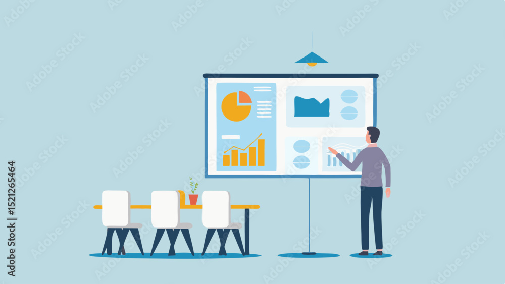 Poster man presenting data on screen in meeting room with chairs and table under hanging light fixture