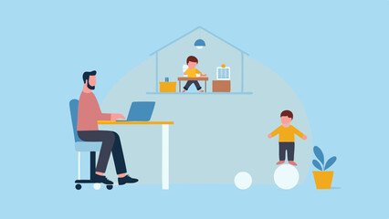 Illustration of a man working from home with children playing in the background and foreground area
