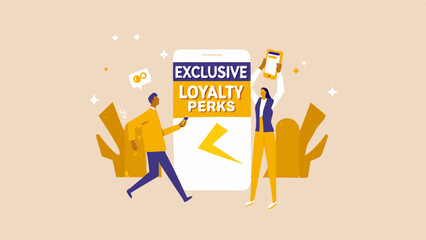 People celebrating exclusive loyalty perks with a phone and a mobile app interface design shown