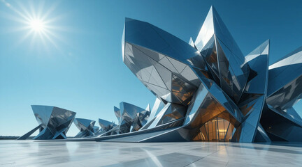 Futuristic Metallic Building with Blue Glass