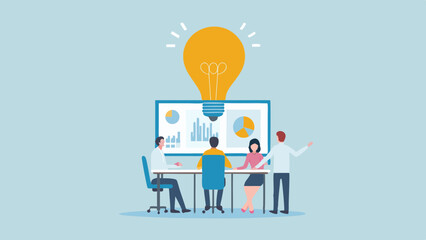 Business meeting with idea lightbulb and presentation of charts and graphs in a conference room setup