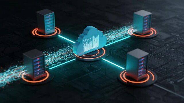 Cloud connects to servers via glowing lines on a circuit board