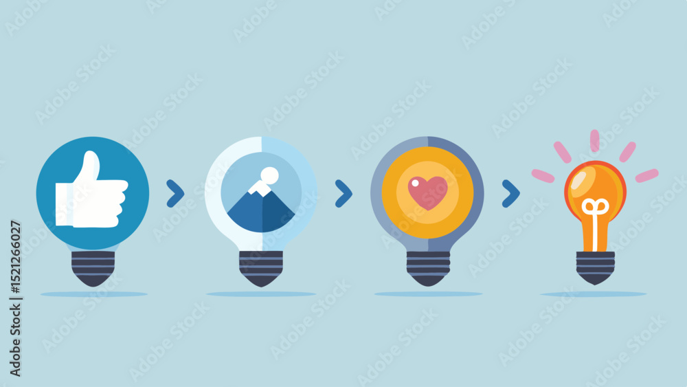 Poster four lightbulbs showing a progression of ideas from approval to a final solution idea