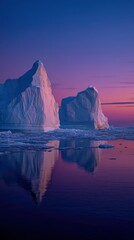artistic professional photo of icebergs floating in still water under twilight sky