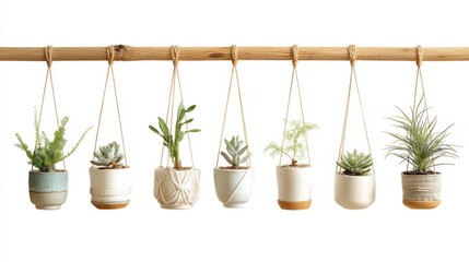 Hanging Indoor Plants Display with Variety of Decorative Pots and Green Foliage on Wooden Rod with White Background
