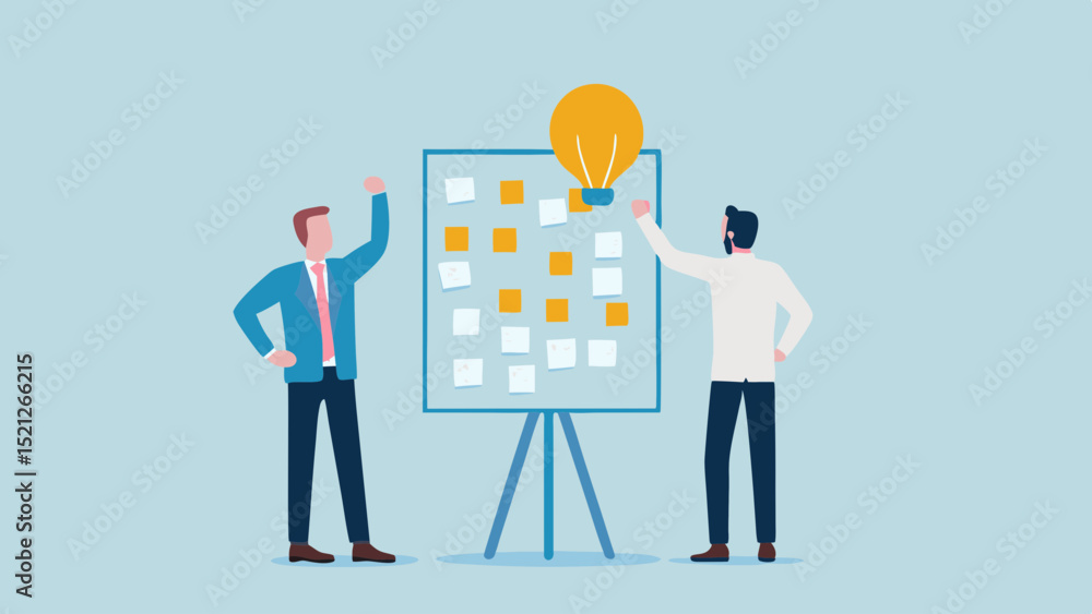 Poster two people brainstorming with sticky notes on a board and a light bulb above it in a business settin