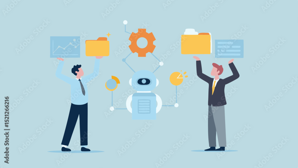 Aufkleber two men holding data folders and chart with robot and gear in the middle on a light blue background