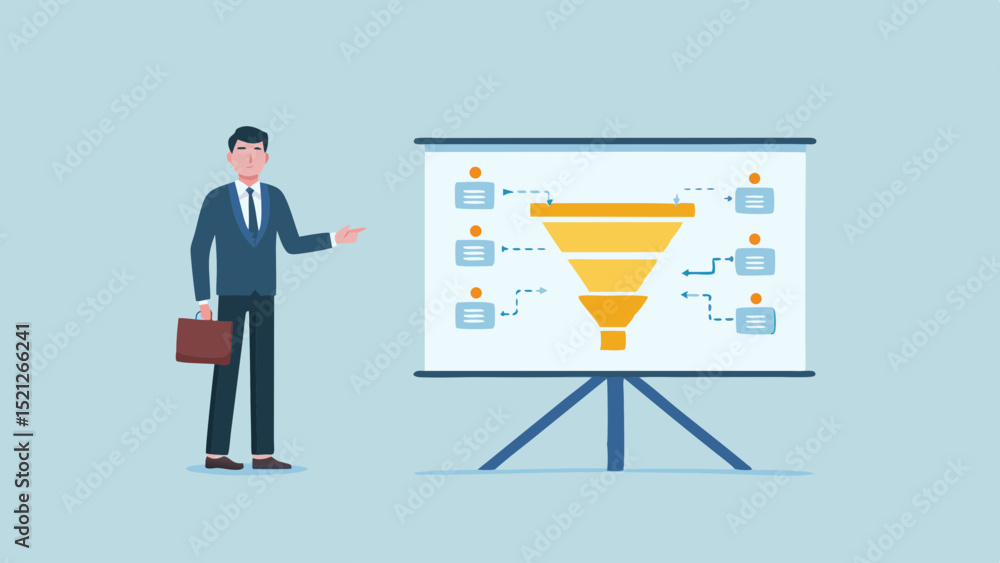 Poster man presenting a sales funnel diagram on a projector screen with data points and arrows shown here n