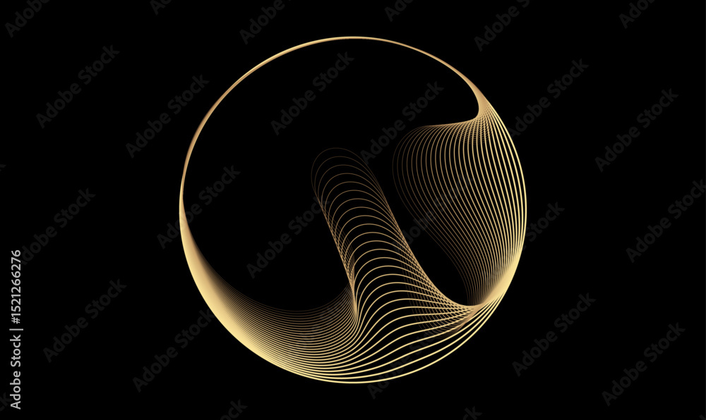 Fototapete Gold transparent circular of gold wavy line flowing smooth curve round shape frame on black background with copy space. Vector template for technology, science, music, social media, lux design