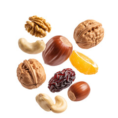 Mixed nuts and dried fruits isolated on transparent background, healthy snack ingredients assortment flying.