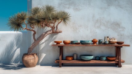 Serene outdoor scene with artistic pottery display and unique tree arrangement, showcasing natural beauty in sunlight