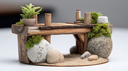 Miniature wooden platform with stones and greenery in a serene arrangement for creative decor and artistic inspiration