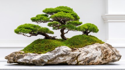 Majestic Bonsai Tree Arrangement with Lush Green Foliage and Textured Rock Base in Elegant Indoor Setting