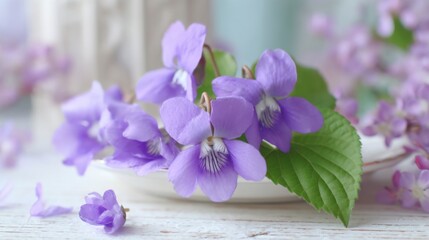 Delicate Purple Violets on a Smooth Surface with Soft Background for Floral and Nature Themes