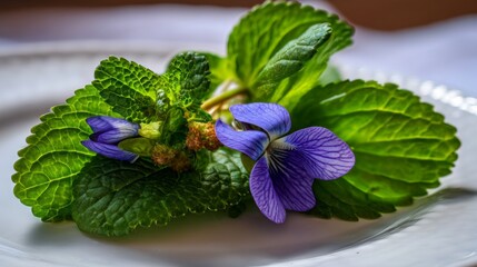 Fresh Herbal Arrangement with Green Mint Leaves and Purple Violet Flowers on a White Plate