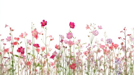 Colorful Field of Wildflowers Against a White Background, Delicate Blooming Petals and Natural Beauty Captured in Spring Season