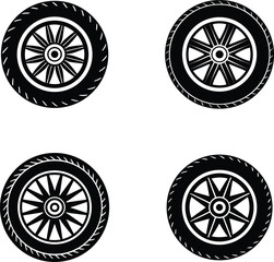 Black and white illustrations of car tires and stylized vehicle wheels set on white background.