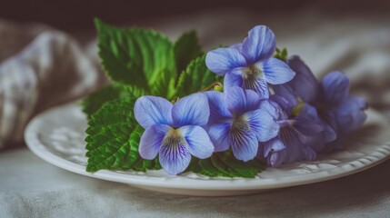 Beautiful purple violets and green leaves arranged on a white plate depicting nature's elegance and floral beauty in soft light