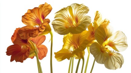 Vibrant Nasturtium Flowers in Shades of Orange and Yellow Against a Bright Background