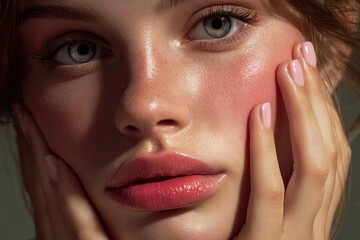 Extreme Close-Up of Woman with Dewy Skin and Glossy Lips – Pastel Beauty Editorial Shot