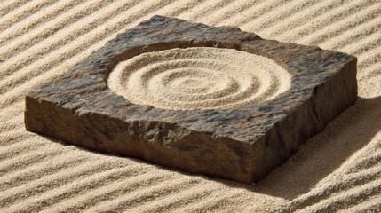 Tranquil Zen Garden Scene with Circular Sand Patterns and Textured Stone Base in Minimalist Design Layout