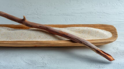 Natural wood stick resting on wooden tray filled with fine sand against textured light background in minimalistic style