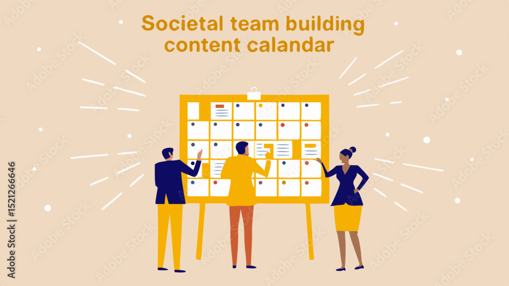 Poster team collaborating on a calendar board with sticky notes in a bright office environment for planning