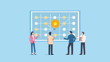Group of people brainstorming ideas with a lightbulb on a grid board in a light blue background