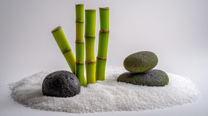 Peaceful Zen Garden Arrangement with Green Bamboo Sticks and Smooth Stones on White Sand Background for Tranquil Decor