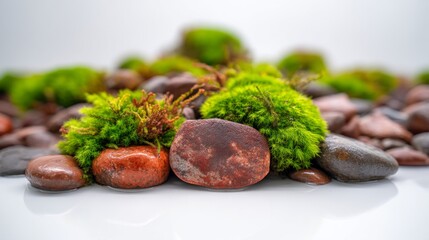 Lush Green Moss Accents on Smooth Stones in Close-Up View for Natural Decor and Landscaping Inspiration