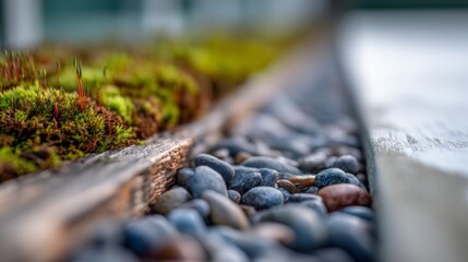 Tranquil nature scene featuring vibrant moss, smooth pebbles, and rustic wooden edges for serene outdoor ambiance