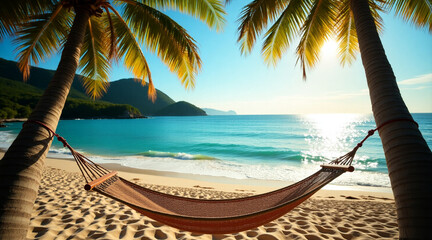 Tropical Beach with Hammock and Palm Trees