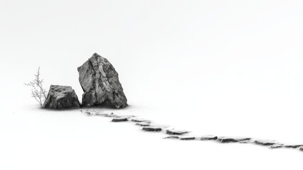 Isolated Rocks in a Minimalistic Snowy Landscape with Footprints and a Lone Plant Against a White Background