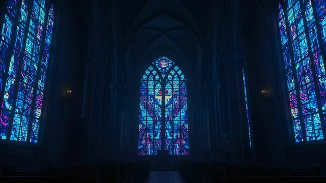 Gothic church interior with vibrant stained glass