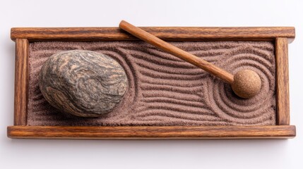 Calm Zen Garden Scene with Pebble, Wooden Rake, and Sand Patterns for Tranquility and Meditation Purposes