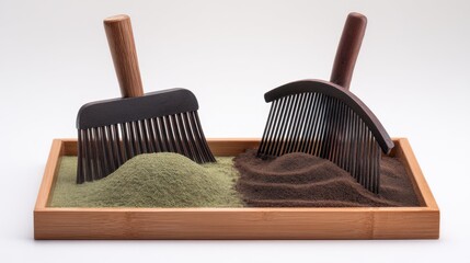 Wooden Rakes on Green and Brown Sands in a Minimalist Design Setting for Zen Meditation and Relaxation Concepts