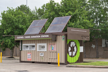 Neighborhood clothing donation station with solar panels Houston, Texas USA 06-04-2025.