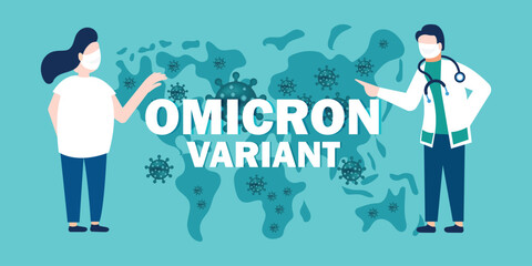 New coronavirus variant of COVID-19 strain omicron and doctors banner concept. World alert attack sign with medical staff doctor and nurse