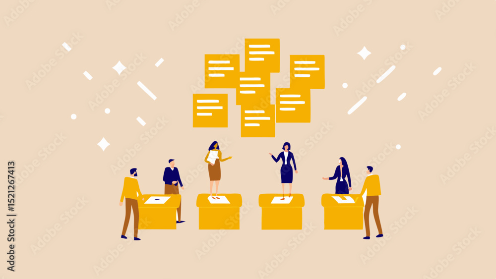 Poster people standing on yellow platforms with sticky notes floating above them in a beige background
