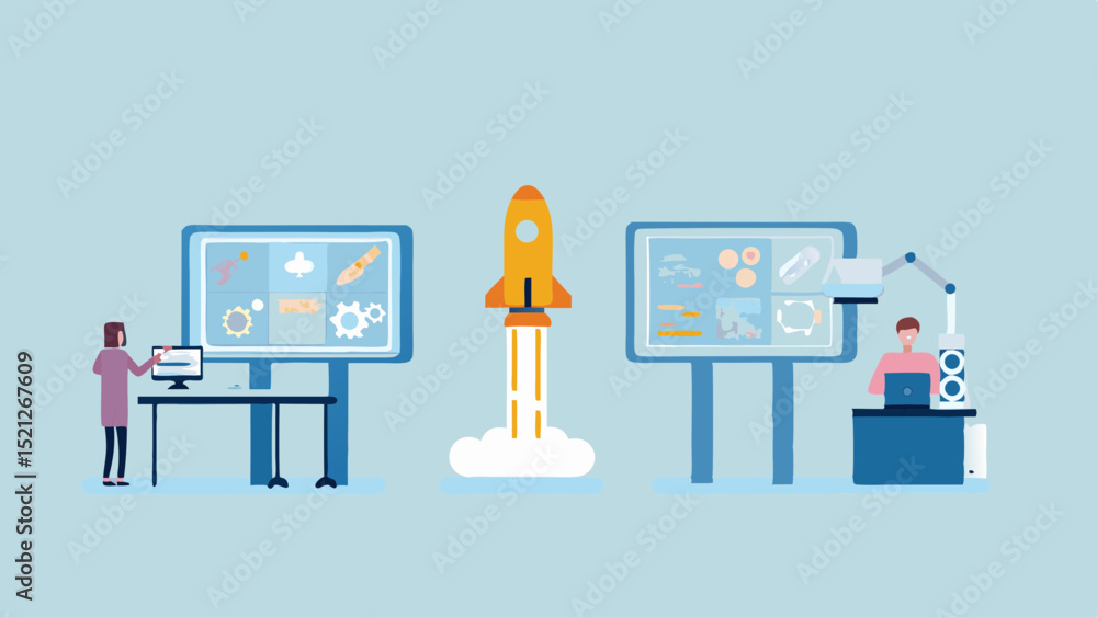 Poster illustration of people working on computer screens with a rocket launch in the center