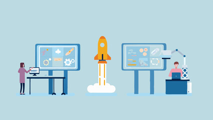 Illustration of people working on computer screens with a rocket launch in the center