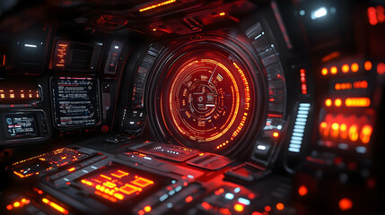 Obraz premium Intricate, dimly lit cockpit with glowing red screens, buttons, and a centered circular window with complex patterns