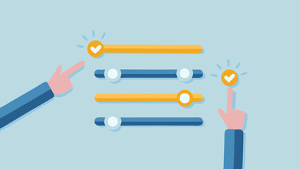 Illustration of hands interacting with sliders on a light blue background with checkmarks