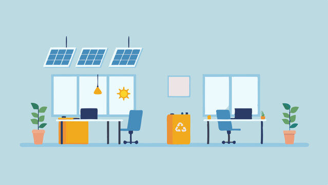 Illustration of an office space with solar panels and recycling bin for eco friendly environment