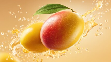 artistic professional photo of mango juice splash with dynamic motion, pastel apricot background, perfect lighting, realistic and cinematic style