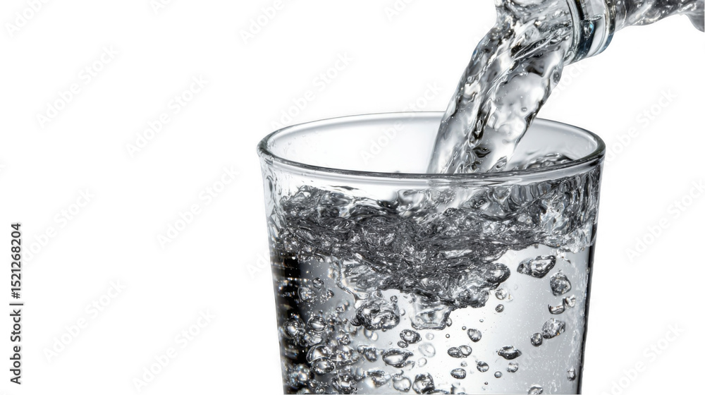 Poster refreshing sparkling water is being poured into a clear glass. creating bubbles and a dynamic splash
